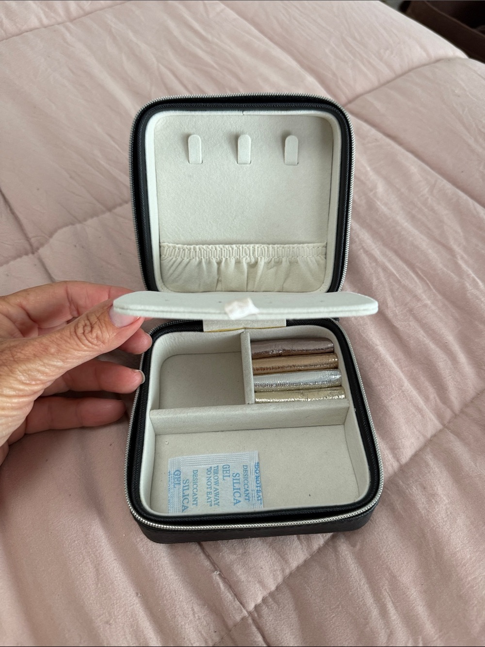 Compact Leather Black Travel Jewelry Case with Cream Interior